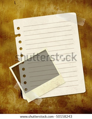 Grunge background with notebook pages and photos