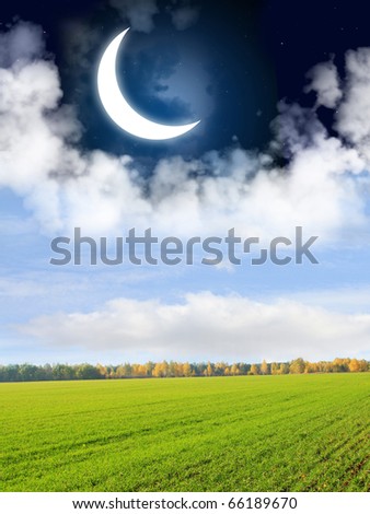 Day and night. Blue sky and crescent