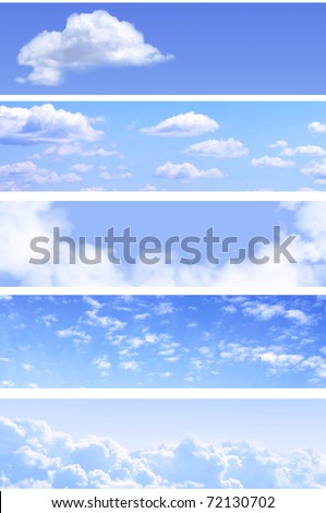 Collection of horizontal sky banners with white clouds in the blue sky