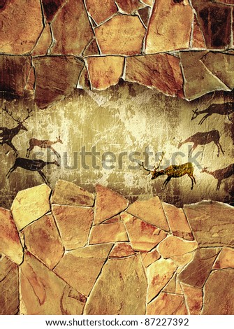 Grunge background with drawings of the primitive person