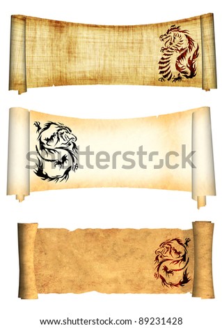 Dragons. Collection of scrolls old parchments. Objects isolated over white