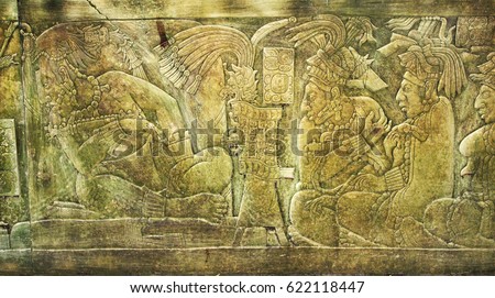 Bas-relief carving with of a Mayan kings, pre-Columbian Maya civilization, Palenque, Chiapas, Mexico. UNESCO world heritage site