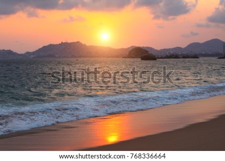 Sunset, mountains, ocean waves and beach, Acapulco de Juarez, Mexico, Pacific Ocean, North America