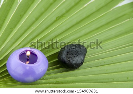 Spa candle and warm light purple spheres zens stone laid on bright green leaves.