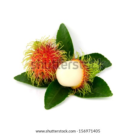 Fruit, rambutan, the red, green hair, peeling the fruit and leaves in white placed on a white background.