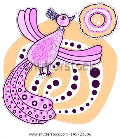 Big pink bird flying to the sun is widely swinging wings. The bird has a big beautiful tail. Children's drawing style with decorative elements.