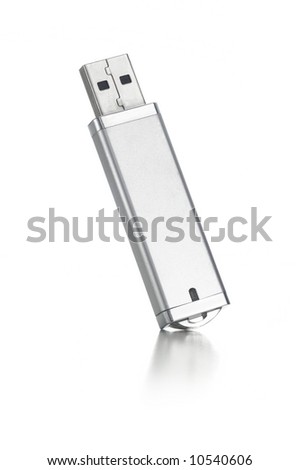 silver USB flash drive on white