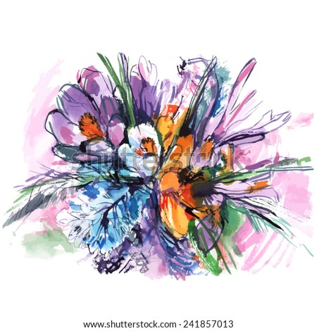 colorful watercolor bouquet flowers/ purple pink and white irises/ green shoots/ picturesque background/ vector illustration