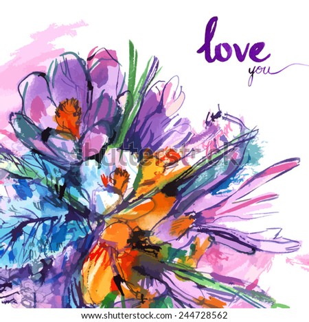 i love you/ colorful watercolor bouquet flowers with purple words/ purple pink and white irises/ green shoots/ picturesque background/ vector illustration
