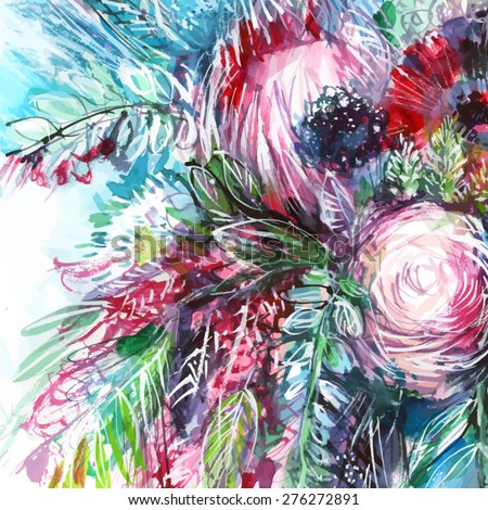 colorful watercolor bouquet flowers2/ purple poppies/ white rose/ green leaves and shoots/ vector illustration/ watercolor painting/ background