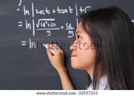 Female student thinking about  mathematics problem on blackboard