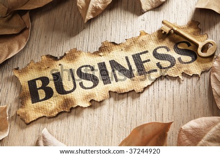 Business key concept using burnt paper with word business printed on it and a golden key surrounded by dried leaves