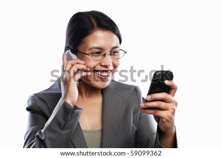 Asian businesswoman happy expression using video call of her cell phone feature, isolted on white background
