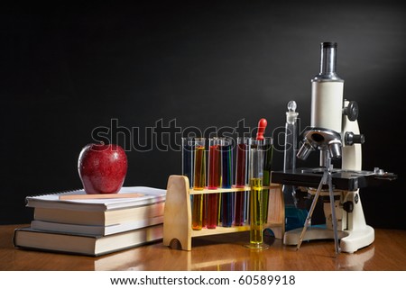 School concept with item represent each subject in school, biology, geography, mathematics, chemistry, literature, etc