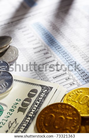 Foreign exchange sheep paper with dollar bills and coins from different countries on edge