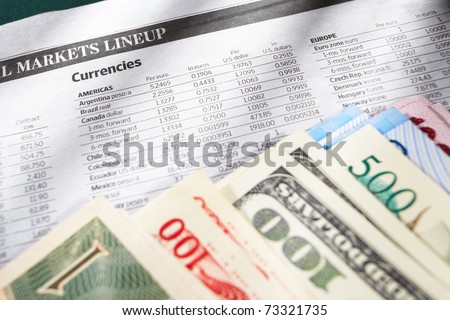 Foreign exchange sheep paper with money from different countries on edge