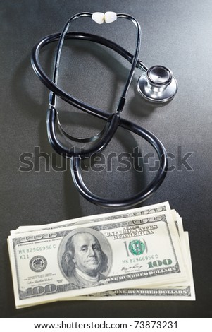 Stetoschope with a stack of US dollar bills for US economic health/stability concept or high cost of healthcare concept