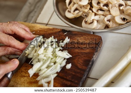 Cutting onion on wooden cutting board along another ingredients, slight blur movement might be noticeable