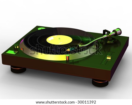 3D rendering of  turntable with disco light reflection on record