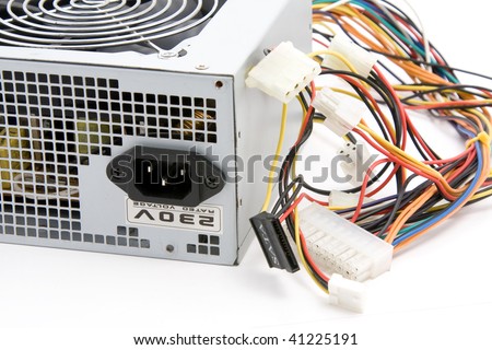 Used computer power supply on white background