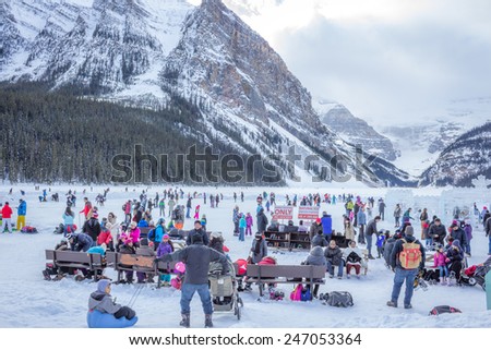 LAKE LOUISE, CANADA - JANUARY 25:  People enjoying during the Lake Louise Ice Magic Festival , an annual event on January 25, 2015 at Lake Louise.