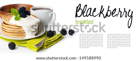 healthy breakfast: a stack of homemade pancakes with fresh blackberries and whipped cream, fruit, and coffee on a white background, isolated, ready design template