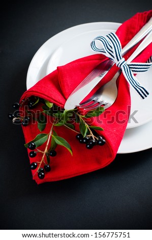 Autumn table setting with wild grapes, dried herbs and berries in a napkin with a ribbon, plate, fork and knife on a black background