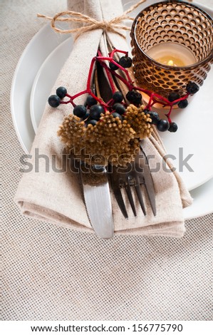 Autumn table setting with wild grapes, dried herbs and berries in a napkin, plate, fork and knife on a beige linen tablecloth
