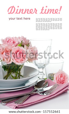 Festive table setting with pink roses, candles and shiny new cutlery on a white background, isolated, ready template