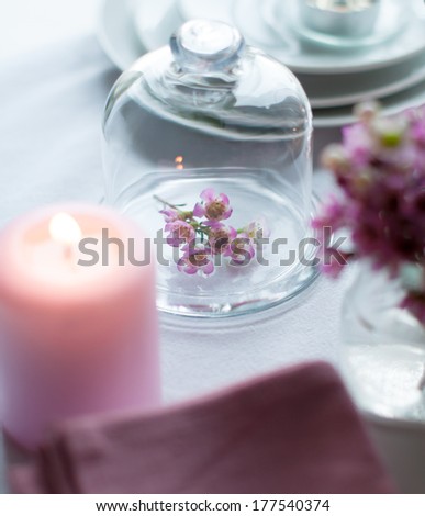 Bouquet of pink flowers in a glass bell jar on a festive wedding decorated table, a bright summer table decor.