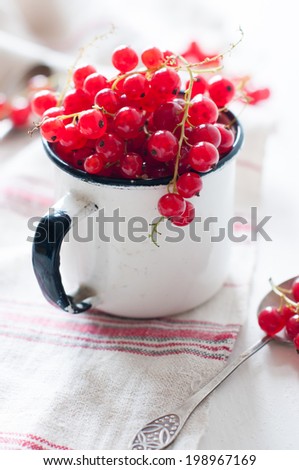 Fresh natural organic red currants in a white enamel mug and white linen cloth on a wooden table, seasonal berries, rustic food.