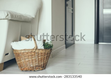Wicker basket with pillows and green home plant on a floor by the sofa, modern home interior decor