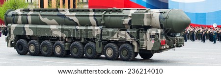 MOSCOW - 6 May 2010: Topol-M -  intercontinental ballistic missiles. Dress rehearsal of Military Parade on 65th anniversary of Victory in Great Patriotic War on May 6,