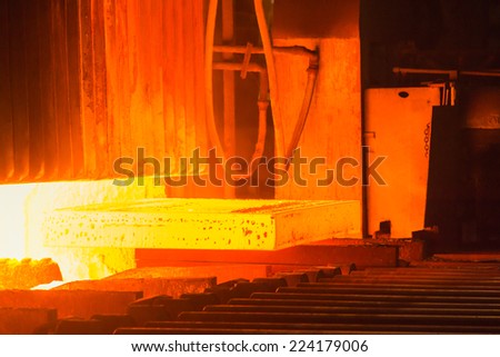 Industry steel, Hot slab extracting from Furnace.