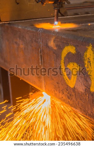 Industry steel, Sparkles,  Fire gas cutting slab.