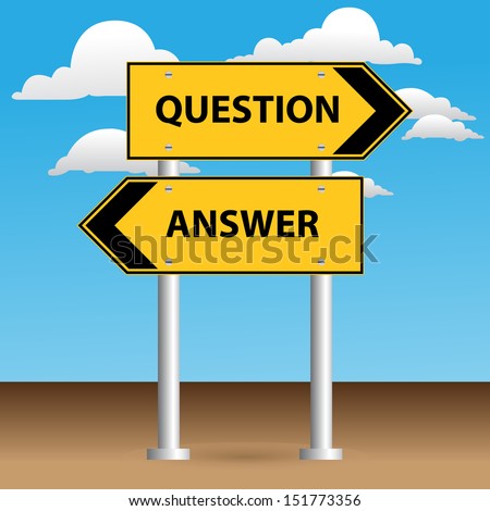 Yellow street sign pointing to question and answer on blue sky background