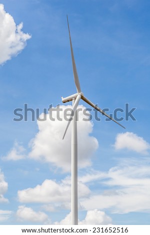 The wind turbine standalone with cloudy blue sky background in the wind farm Thailand, largest wind farm in South East Asia.