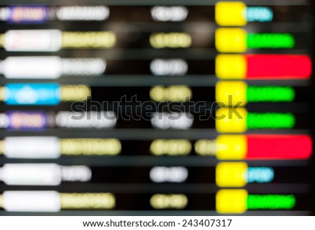 Blurred background of display schedule board in an airport with departure and arrival times.