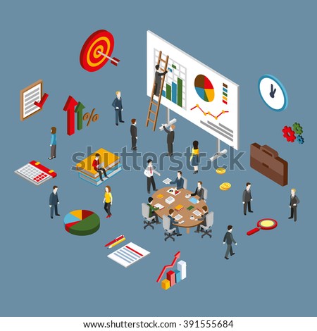 Flat 3d isometric of project management, business leadership training and corporate career. Modern flat concept pictogram, set isometry icons for graphic and web designers.