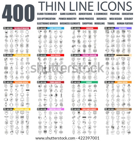 Set of thin line icons for cloud tehnology and devices, seo, industry, business elements, advertising, shopping, e-commerce, web development, ecology, travel, business education. Linear symbols set.