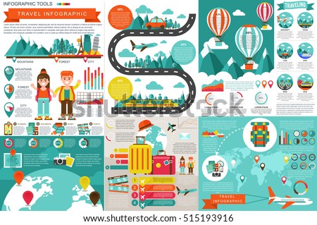 Flat travel infographic elements vector design template. Can be used for data visualization, website travel companies, flat icon, travel banner, road timeline, marketing, set information infographics.