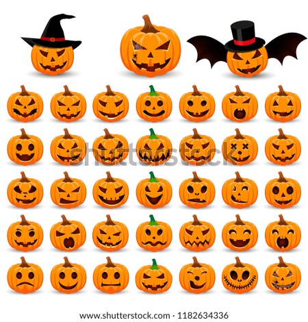 Big set pumpkin on white background. The main symbol of the Happy Halloween holiday. Orange pumpkin with smile for your design for the holiday Halloween. Vector illustration.