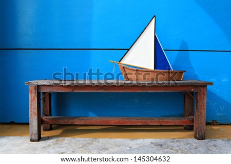 Ship model on Blue wall background,