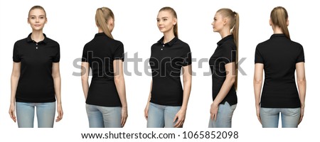 Set promo pose girl in blank black polo shirt mockup design for print and concept template young woman in T-shirt front and half turn side back view isolated white background with clipping path.