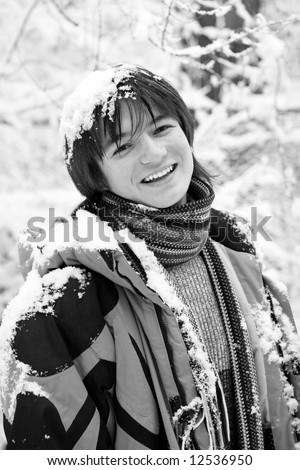 Boy teens in scarf at winter forest (series sport, mountains, extreme, horses, teenagers)