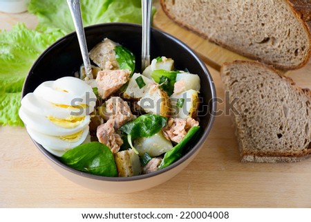 Potato salad with spinach, hard boiled egg and fish in bowl, served with rye bread and garnished with green onions