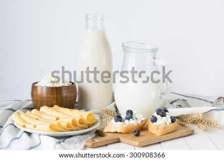 Dairy products: bottle of milk, yogurt, farmers cheese, yellow cheese, toast with curd and blueberries on white board, isolated