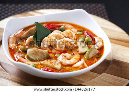 Red Curry Prawn Soup. - Close up