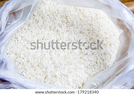 Jasmine rice in plastic bag.