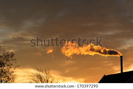 Smoking factory chimney at sunset, The Netherlands